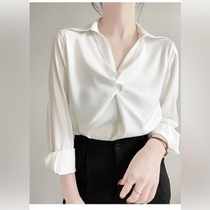 Pearl White Satin Business Casual Shirt Blouse